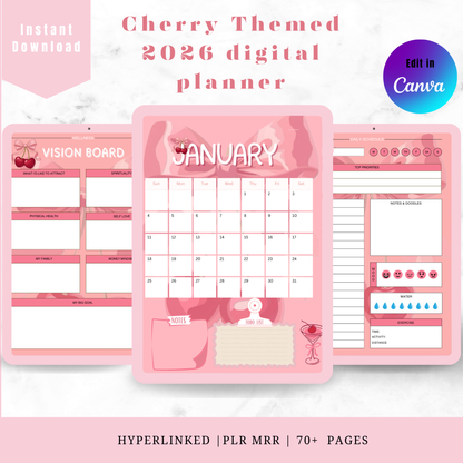 2026 Cherry-Themed Digital Planner — PLR + MRR