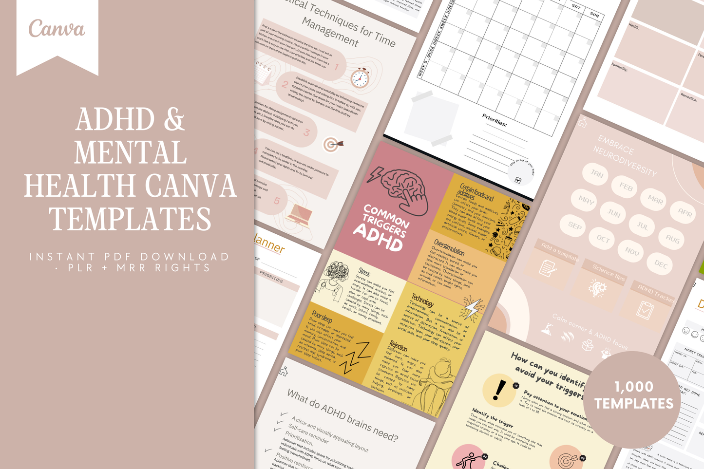 1000+ ADHD & Mental Health Canva Templates: PLR