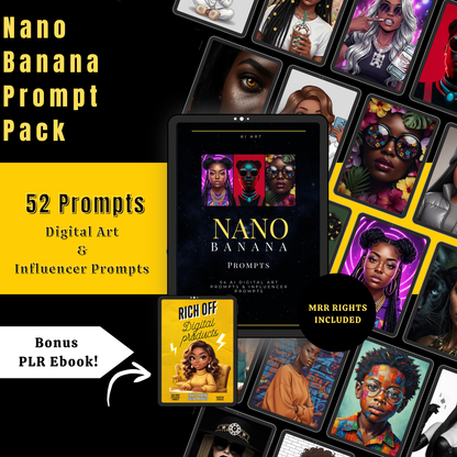 Nano Banana Prompt Pack – 50+ Viral AI Design Prompts (Includes PLR + MRR Rights)